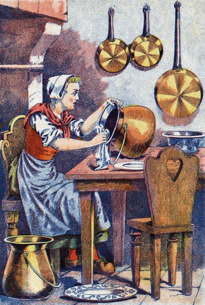 Kopciuszek w kuchni, „”, Ilustracja do „”Kopciuszek””, opowieść Charlesa Perraulta (1628-1703), francuskiego pisarza. Anonimowa ilustracja. autorstwa Unknown artist