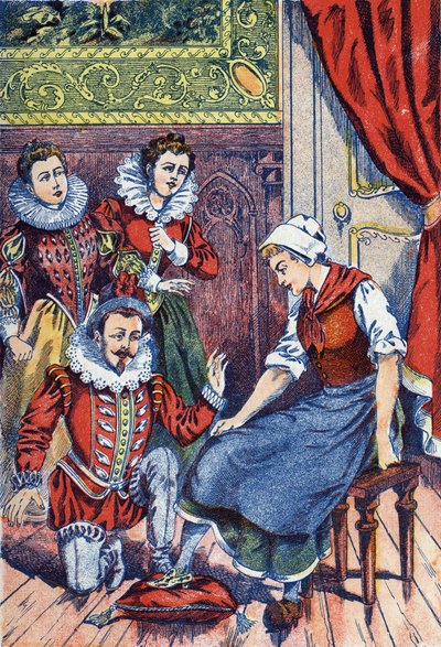 Kopciuszek próbuje pantofelka. Anonimowa ilustracja do „”Kopciuszek””, opowieść Charlesa Perraulta (1628-1703), francuskiego pisarza. Zdjęcia Marcel Vagne, Jarville Nancy, bez daty (koniec XIX wieku). autorstwa Unknown artist