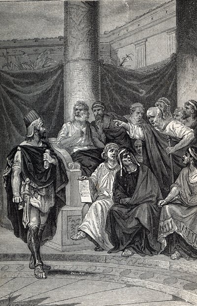 Kinea ważnym doradcą króla Pyrrusa próbującego negocjować z Rzymianami po bitwie pod Herakleą 280 pne, Grawerowanie 1884 autorstwa Unknown artist