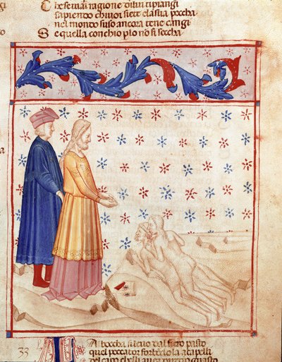 Krąg zdrajców: Dante i Wergiliusz spotykają Ugolino della gherardesca, tyrana Pizy i skazując za zdradę ojczyzny, bije głowę archeweka Ruggeri. Podświetlana strona ilustrująca 33 pieśń piekła pochodzi z „Divina Commedia” autorstwa Unknown artist