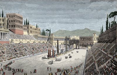 Circus Maximus - Wielki cyrk lub cyrk Maxime w Rzymie z wyścigiem rydwanów - Grawerowanie kolorami autorstwa Unknown artist