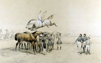 Cyrk pokazuje, jak skrzydlaty koń przeskakuje trzy konie z zasłoniętymi oczami. autorstwa Unknown artist