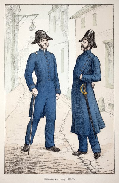 Sierżanci miejscy (1829-1830). Akwaforta w kolorach, dla ilustracji „Historia korpusu sił pokojowych””” książka wydana pod patronatem Louisa Lepine’a (1846-1933) prefekta policji nad Sekwaną, autorstwa Alfreda Reya (1864-?) i Louisa Ferona (1862) -?) autorstwa Unknown artist
