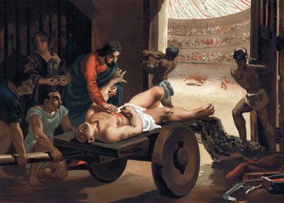 Claude Galien (Klaudios Galenos lub Claudio Galeno lub Claudius Galenus lub Galen, v.131 - v.201), grecki lekarz leczący gladiatora. Barcelona 1881 autorstwa Unknown artist