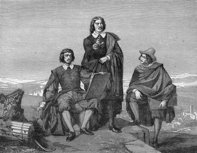 Claude Lorrain, Nicolas Poussin i Gaspard Dughet (Guaspre Poussin) w regionie rzymskim. Rycina XIX wieku. autorstwa Unknown artist