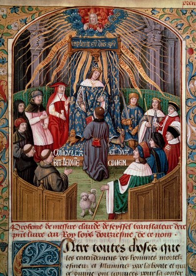 Claude de Seyssel (zm. 1520) ofiarowuje swoją książkę królowi Ludwikowi XII (1462-1515) Miniatura z „La Grande Monarchy de France” Claude