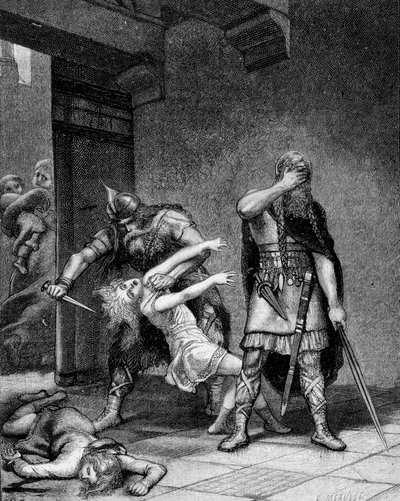 Clotaire (Clothaire) I (v.497-561) i Childebert I, królowie frankońscy, zamordowali dwóch synów ich brata Clodomira (495-524). autorstwa Unknown artist