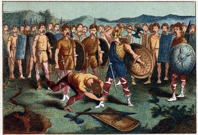 Clovis (465-511) i frankoński wojownik, który rozbił wazę z Soissons w 486 r. - Clovis 1. zestrzelił żołnierza, który rozbił wazę z Soissons, w 486 r. Chromolitografia z XIX wieku. autorstwa Unknown artist