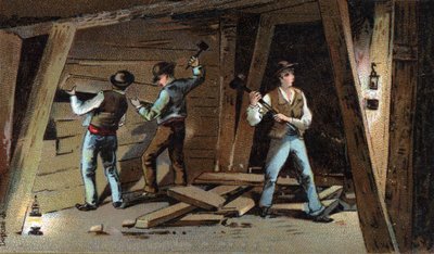 Kopalnia węgla we Francji pod koniec XIX wieku: Galeria drewna. Chromolitografia z końca XIX wieku autorstwa Unknown artist