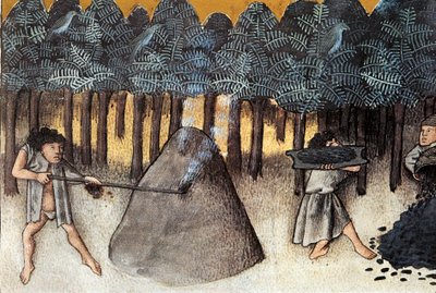 Wydobycie węgla, Miniatura zaczerpnięta z De natura rerum, autorstwa Thomasa de Cantimpre (1201-1272) XIII-wieczna Granada. Biblioteka Uniwersytecka autorstwa Unknown artist