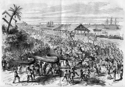 Cochinchine: coroczna procesja smoków zorganizowana przez kongregację Sajgonu w 1865 roku. autorstwa Unknown artist