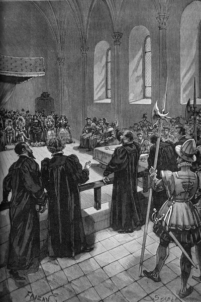 Kolokwium z Poissy (1561). Przemówienie szwajcarskiego kalwinisty Teodora de Beze (1519-1605) (w środku, z tyłu), szefa delegacji protestanckiej. autorstwa Unknown artist