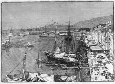 Statek handlowy i arsenał w porcie w Tulonie (Var), Francja. Grawerowanie w „”Le Monde Illustré”” autorstwa Unknown artist