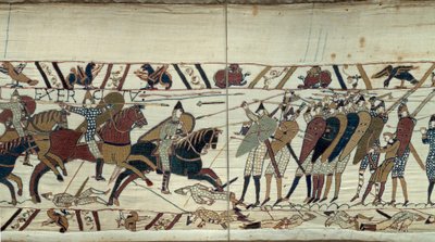 „Podbój Anglii” Williama Zdobywcy (1027-1087) w 1066 r., scena walki pomiędzy kawalerią normańską załadowującą piechotę saską króla Anglii Harolda II Detal gobelinu z Bayeux lub haftu królowej Matyldy autorstwa Unknown artist