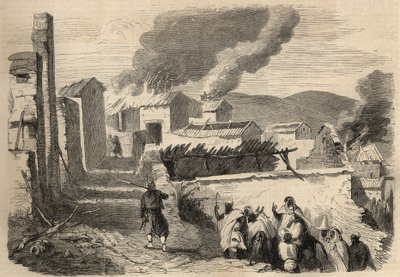Podbój Algierii: wyprawa do Wielkiej Kabylii w 1857 r. Złożenie Beni-Yenni (Beni Yenni) na podstawie rysunku pana Amellera, dowódcy batalionu w 1. Zouave. Grawer w „Le Monde illustrious” z 1857 r. Ze zbiorów prywatnych. autorstwa Unknown artist