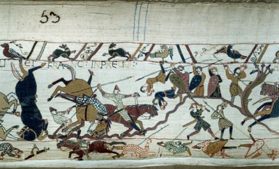 Podbój Anglii przez księcia Normandii Wilhelma Zdobywcy (1027-1087) w 1066: Bitwa pod Hastings Fragment gobelinu z Bayeux lub haftu królowej Matyldy autorstwa Unknown artist