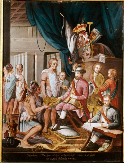 Podbój Meksyku: Montezuma (lub Montezuma II), cesarz Azteków (1466-1520) ofiarowuje prezenty konkwistadorowi Hernanowi Cortezowi (lub Cortesowi) (1485-1547) i przysięga wierność Królestwu Hiszpanii. Anonimowe malowanie. Madryt. Muzeum Ameryki. autorstwa Unknown artist