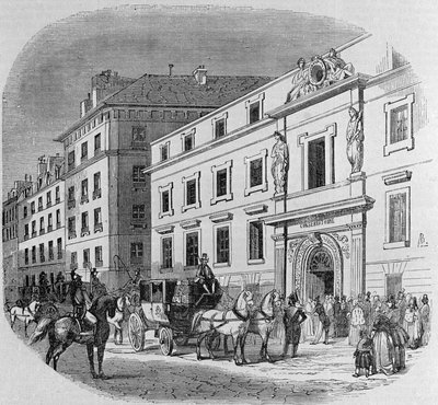 Konserwatorium muzyczne przy rue du Faubourg Poissonniere w Paryżu: wejście na koncert. Grawerowanie z 1860 autorstwa Unknown artist
