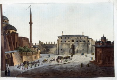 Konstantynopol: drzwi Seraila. Soliman Wielki był pierwszym, który zaniósł na niego cały swój dziedziniec i harem, z wyjątkiem tych, którzy mieszkali z jego poprzednikami. W „” Le costume ancien et moderne autorstwa Unknown artist