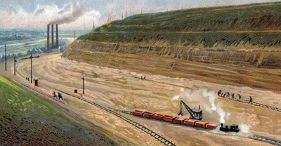 Budowa Kanału Alberta w latach trzydziestych XX wieku, łączącego port w Liege z portem w Antwerpii, Belgia (Digging of the Albert Canal in the 1930s (thirties) between Antwerp and Liege, Belgium) Chromolitografia autorstwa Unknown Artist