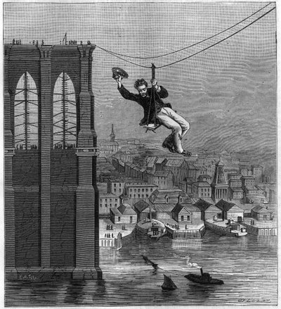 Budowa mostu Brooklyn Bridge w Nowym Jorku: pan Farrington, główny mechanik konstrukcji, przechodzi od jednego stosu do drugiego za pomocą pierwszego rozciągniętego drutu (25 sierpnia autorstwa Unknown artist