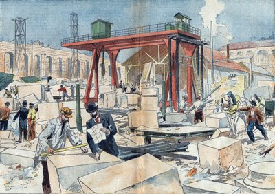 Budowa Grand Palais w Paryżu w 1898 roku z okazji Wystawy Powszechnej w 1900 roku. W środku tarcza diamentowa do cięcia ciętych kamieni. Ilustracja w „Le Pelerin” z 3 lipca autorstwa Unknown artist