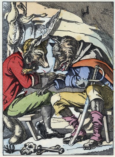 Rozmowa wilka z lisem. Ilustracja do baśni „Compere le Loup, Maitre Renard, Comere la Chevre et ses petits biquets”” według bajki Jeana de la Fontaine. W „Opowieściach z domu dla najmłodszych””. Anonimowy grawer autorstwa Unknown artist