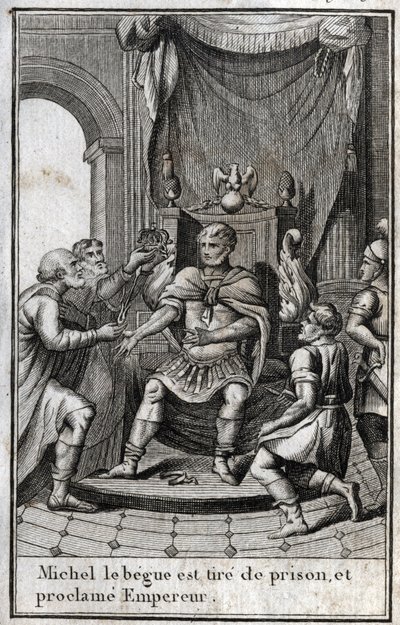 Koronacja Michała II Amoryjczyka (Begi) (770-829) na cesarza bizantyjskiego po zwolnieniu z więzienia w 820 roku. Jest on założycielem dynastii Amorian. Grawer w redige „Beaute de l