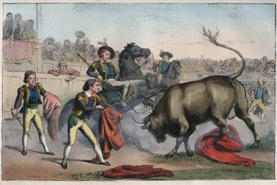Corrida w Hiszpanii: le picador - Byk Ładowanie Picadora - grawerunek z „Zwyczajności i tradycji wszystkich narodów wszechświata”. To jest historia rządów, praw, milicji, religii wszystkich narodów od najdalszych czasów aż do naszych czasów. autorstwa Unknown artist