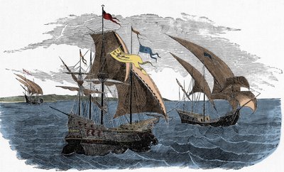 Żegluga floty Corteza do Meksyku - hiszpańska kolonizacja Ameryk: armada Hernana Cortesa (ok. 1485-1547) płynie do Meksyku autorstwa Unknown artist