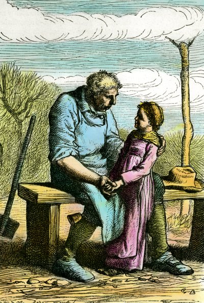 Cozetta i Jan Valjean. Ilustracja do powieści „Nędznicy” Victora Hugo (1802-1885) Rycina z 1865 Kolekcja prywatna autorstwa Unknown artist