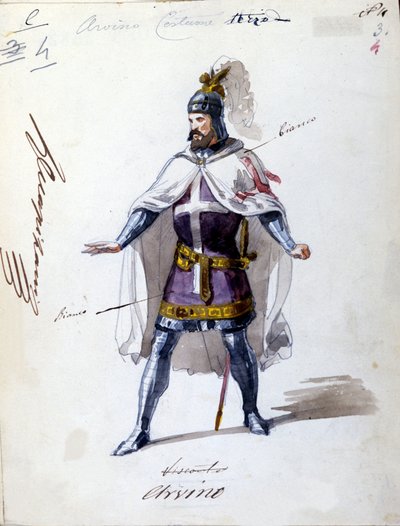 Kostium do opery „I Lombardi” lub „Les Lombards à la premiere Crusade”” skomponowany przez Giuseppe Verdi (1813 - 1901) w 1843 roku. Anonimowy rysunek akwarelą. Postać Alvino do występu w mediolańskiej Scali. autorstwa Unknown artist