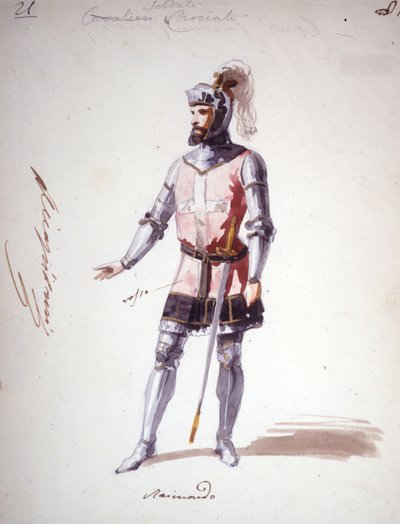 Kostium do opery „I Lombardi” lub „Les Lombards à la premiere Crusade”” skomponowany przez Giuseppe Verdi (1813 - 1901) w 1843 roku. Anonimowy rysunek akwarelą. Postać Raimondo za występ w mediolańskiej Scali. autorstwa Unknown artist