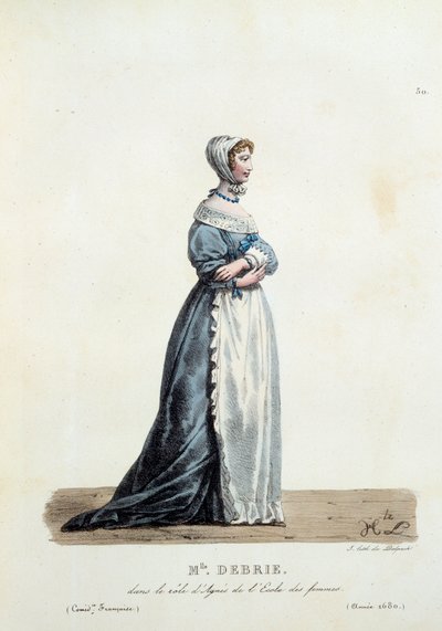 Kostium panny Debrie w roli Agnieszki Moliera „Szkoła kobiet” w 1680 roku. Kostium komedii francuskiej Hipolite Lecomte (1781-1857). Rycina XIX wieku. Dz. Chodźmy. autorstwa Unknown artist