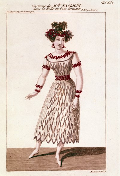 Kostium tancerki Marii Taglioni (1804-1884) w balecie „Śpiąca królewna” Piotra lub Petra Iljicza Czajkowskiego (lub Czajkowskiego lub Ciajkowskiego lub Czajkowskiego autorstwa Unknown artist