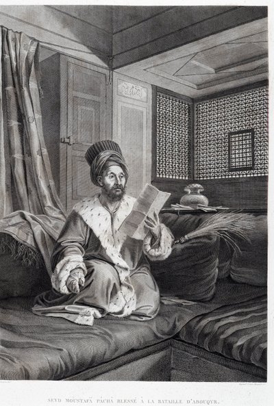 Kostiumy i portrety: Seyd Moustafa Pasza ranny w bitwie pod Abouqyr (Aboukir) w „Opisie Egiptu”, Imperial Publishing autorstwa Unknown artist