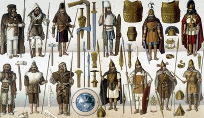 Kostiumy, zbroje i broń barbarzyńskich wojowników autorstwa Unknown artist