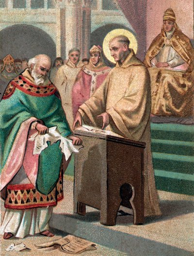 Sobór w Reims w 1148: Św. Bernard z Clairvaux (1090-1153) (San Bernardo di Chiaravalle) oskarżył Gilberta de la Porree, eveque z Poitiers, o herezję - Chromolitografia z końca XIX wieku autorstwa Unknown artist