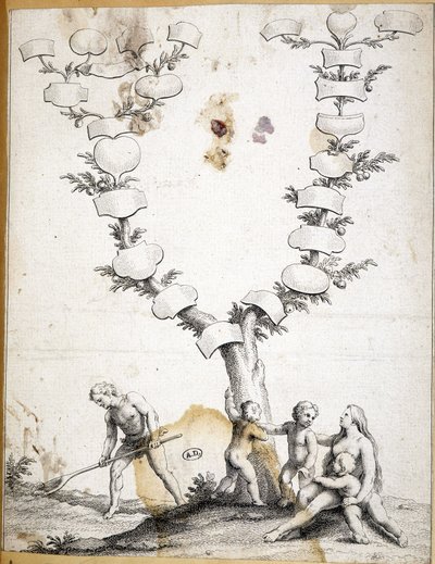Para z dziećmi u stóp dziewiczego drzewa genealogicznego - grawer autorstwa Unknown artist