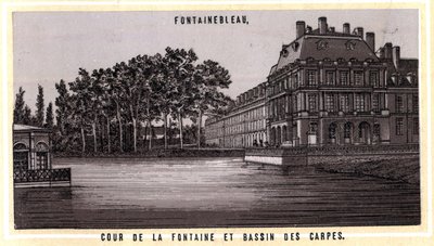 Dwór fontanny i Bassin des carps z Fontainebleau (Sekwana i Marna, region Ile-de-France, Francja). Chromolitografia z końca XIX wieku. autorstwa Unknown artist