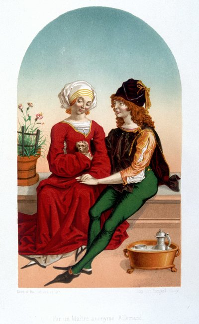 Uprzejma scena miłosna w średniowieczu. Kolegium - imitacja XIX wieku. autorstwa Unknown artist