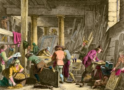 Rzemiosła: „”Warsztat stolarza Sieur Jadot”” Robotnicy przy pracy w XVIII wieku. Rycina XIX wieku. Prywatna kolekcja autorstwa Unknown artist