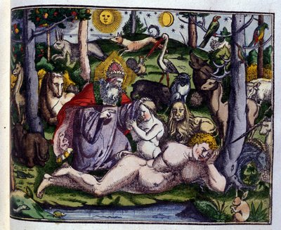 Stworzenie: Bóg przedstawiony w otoczeniu ludzi i zwierząt (pies, żuraw, lew, jeleń, bóbr, małpa, jednorożec, dzik, papugi, królik...), według Historiae animalium Konrada Gesnera, Tiguri autorstwa Unknown artist