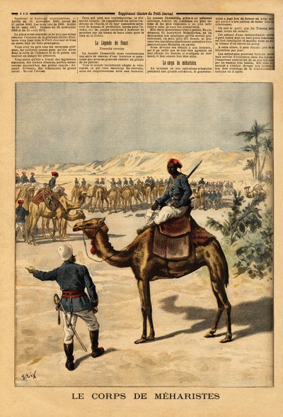 Stworzenie specjalnego korpusu Meharystów dla francuskiego podboju Sudanu, w celu walki z Tuaregami. Meharis, może zostać tydzień bez jedzenia, kłusować z prędkością galopującego konia, może przejechać ponad 100 kilometrów dziennie i jest autorstwa Unknown artist