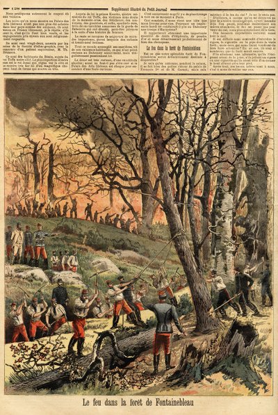 Pożar kryminalny w lesie Fontainebleau. Grawerowanie w „”Le petit journal”” 22.04.1893. Kolekcja Selvy. autorstwa Unknown artist