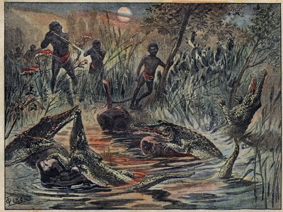 Polowanie na krokodyle w Nigrze z dzieckiem na przynętę. Ilustracja w „Le Pelerin” z 4 grudnia autorstwa Unknown artist