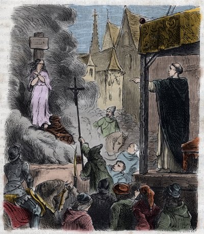 Krucjata przeciwko albigeois - Heretycy spaleni żywcem: katarzy na stosie, w czasie krucjaty przeciwko albigensom we Francji XIII wiek - Rycina z 1879 roku w „Histoire des Societes Secretes, Politiques et Religions” Pierre