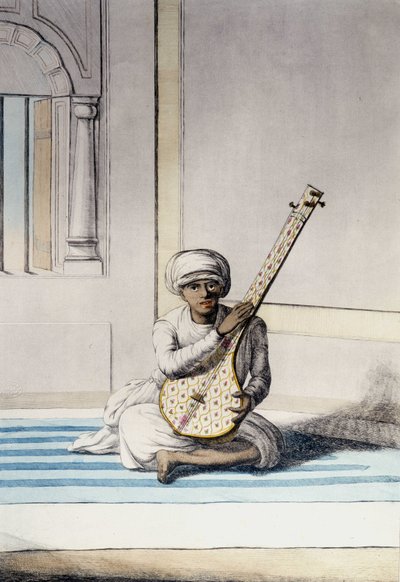 Kultura, cywilizacja i społeczeństwo indyjskie: Muzyk grający na Thambourah (Tambura), tradycyjnym instrumencie Indii. Grawerowanie 1808. autorstwa Unknown artist