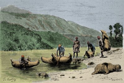 Zwyczaje i sposoby transportu: skóry napompowanych zwierząt używanych do przekraczania rzek. Rycina XIX wieku autorstwa Unknown artist