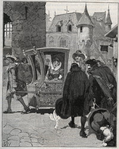 Sztućce: wioślarze otaczają krzesło Marie de Rabutin-Chantal (Rabutin Chantal), markizy de Sevigne dit Madame de Sevigne (1626-1696), aby sprzedawać mu noże, gdy przybył do Nogent (Haute Marne) w 1675 r. Rycina z 1885 r. „” Les arts et metiers il autorstwa Unknown artist